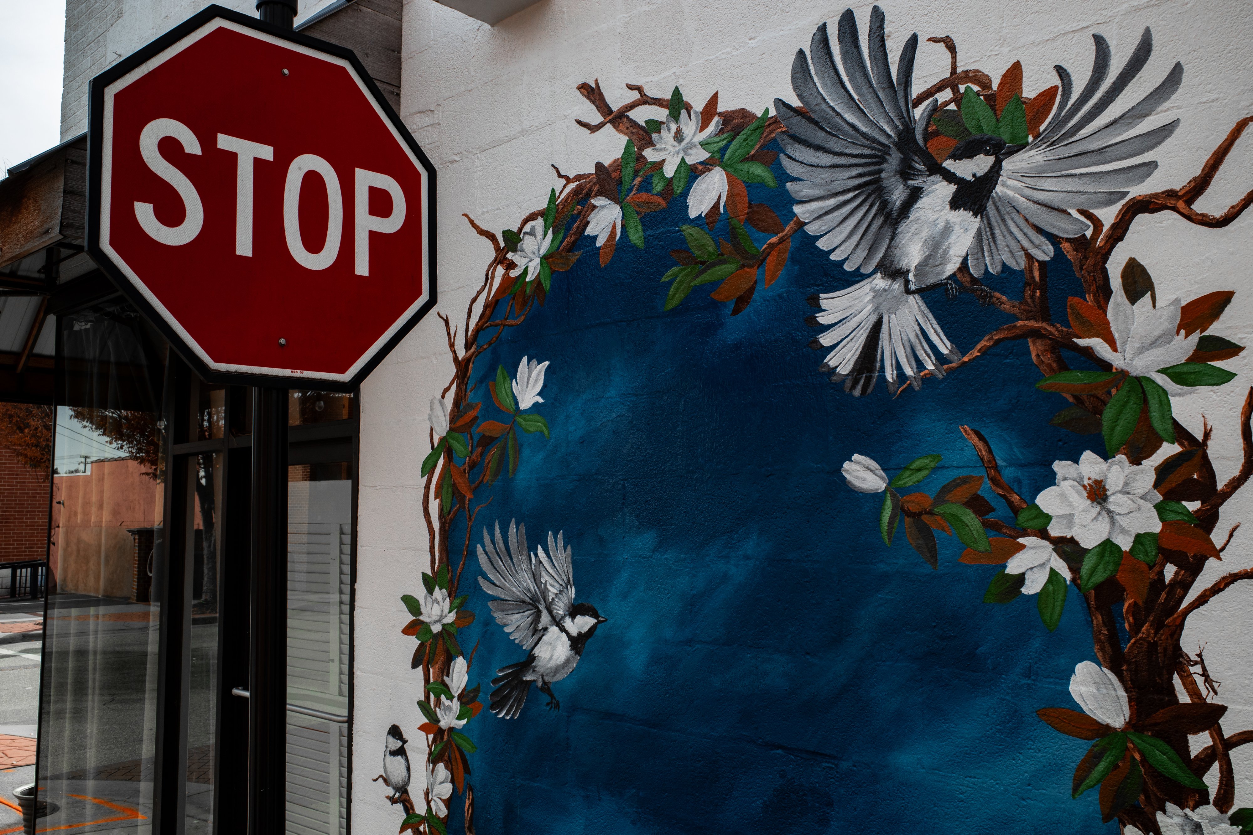 A very new looking stop sign next to a mural of two birds in flight within a loral enclosed dark blue background.